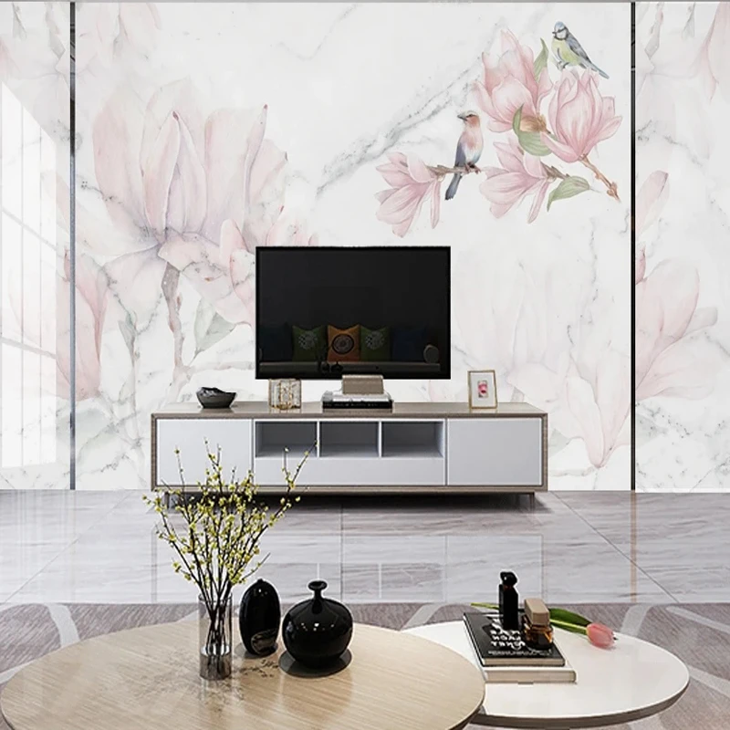 Tv Home Improvement - Aangepaste 3D muurschildering roze bloemen vogel